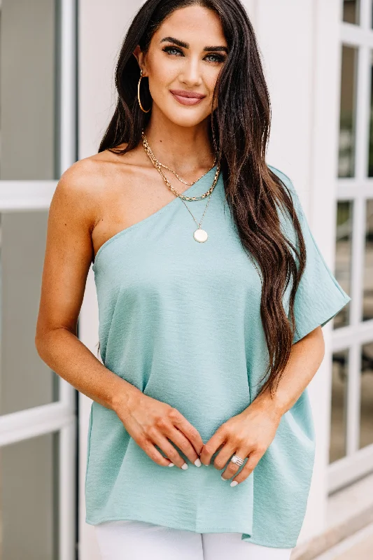 One-Day Only Go With You Seafoam Green One Shoulder Top
