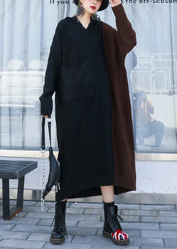 Year-End Sale Cute Brown Patchwork Sweater Aesthetic Women Hooded Winter Knitted Dresses