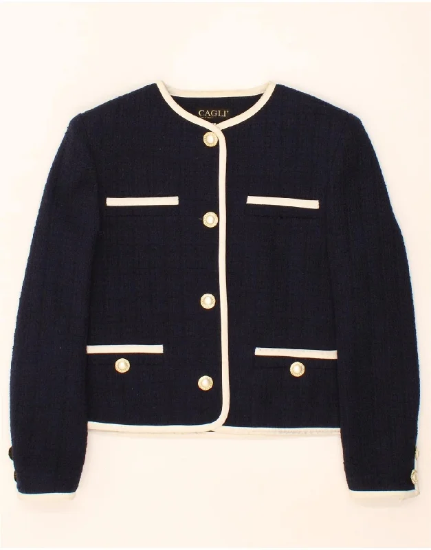 Price Slash VINTAGE Womens 4 Button Blazer Jacket IT 44 Medium Navy Blue Acetate