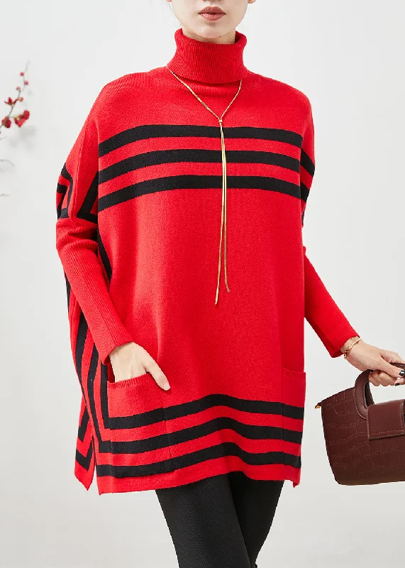 Act Fast Italian Red High Neck Oversized Striped Knit Sweater Tops Fall