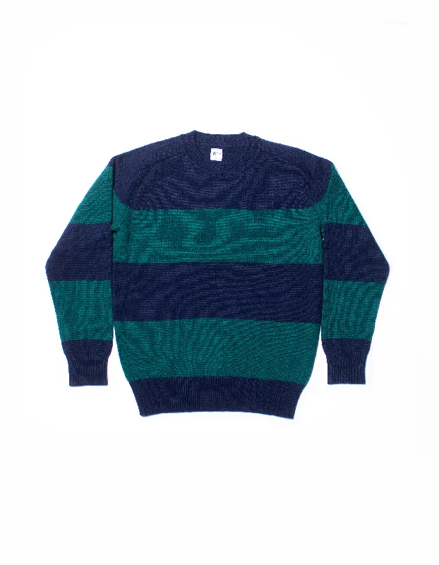 RUGBY STRIPE CREW NECK SWEATER - GREEN/NAVY