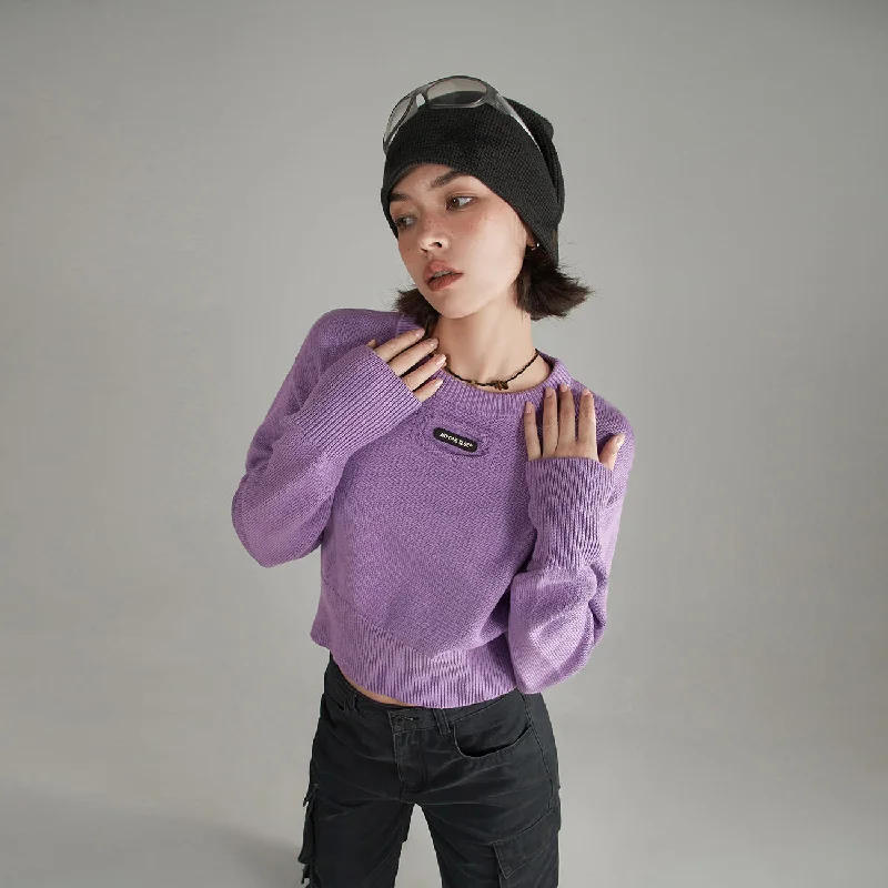 Unwind with Weekend Discounts Distressed Logo Solid Crop Knit Sweater
