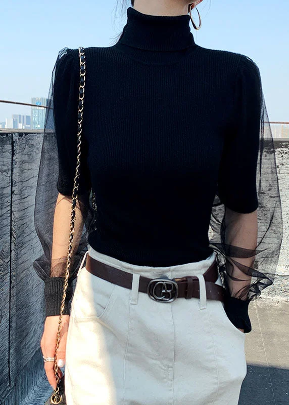 Weekend Savings Fiesta Elegant Hign Neck Tulle Patchwork Knitted Sweaters Lantern Sleeve