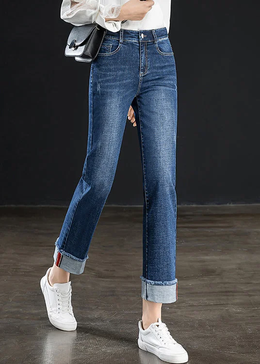 Low Prices Fashion Navy Solid High Waist Cotton Straight Pants Summer