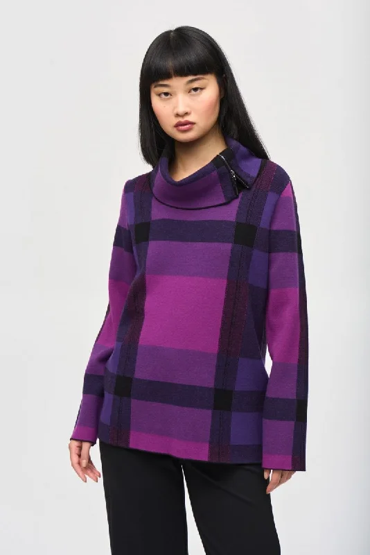 Customer Appreciation Sale Joseph Ribkoff Empress/Mystic/Black Plaid Pattern Zipped Cowl Neck Sweater Top 243943