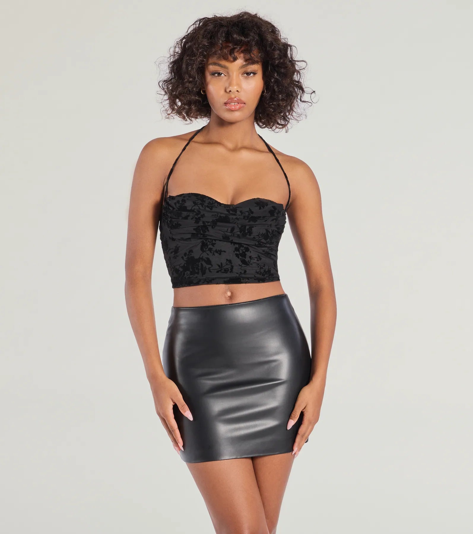 Closeout Sale Chic Flirt Velvet Flocked Floral Halter Bustier Top
