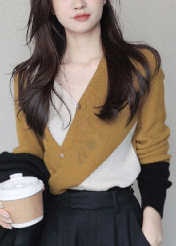 Weekend Specials to Indulge In Handmade Mustard Yellow V Neck Patchwork Thick Cashmere Knit Sweaters Long Sleeve