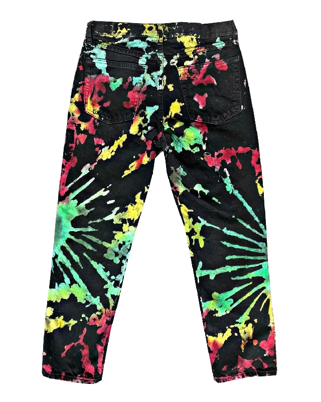 Black Tie Dye Denim Pants (Splotch Rays Red Yellow Green)