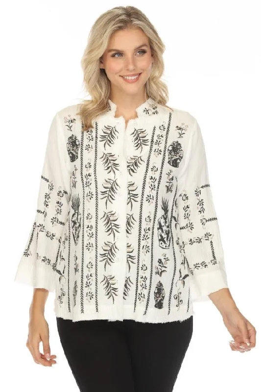 Take Advantage Johnny Was Biya Natural Embroidered Button-Down Blouse B42924A6 Boho Chic
