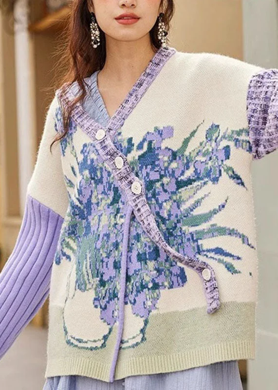 Weekend Savings Bonanza Loose Purple V Neck Floral Button Cotton Knit Sweater Coats Fall