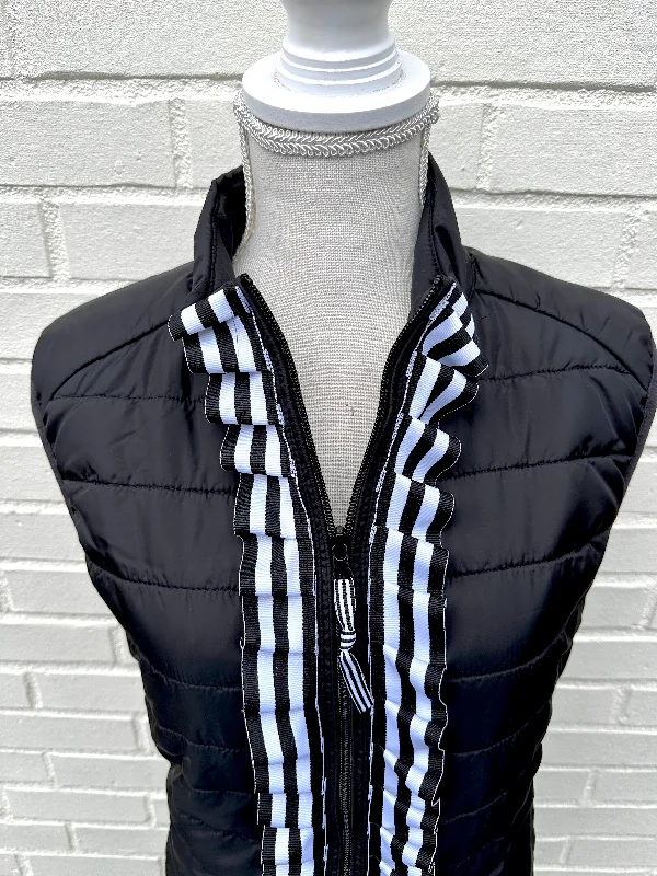 Epic Deals Maggie May Ruffled Ribbon Puffer Vest Black w Black White Stripe (PF40)