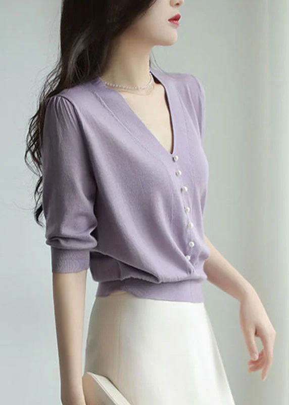 Fantastic Deals Fitted Purple V Neck Nail Bead Patchwork Knit Sweaters Half Sleeve
