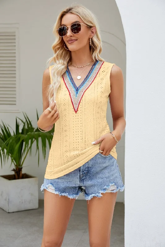 Huge Savings Contrast V-Neck Eyelet Tank