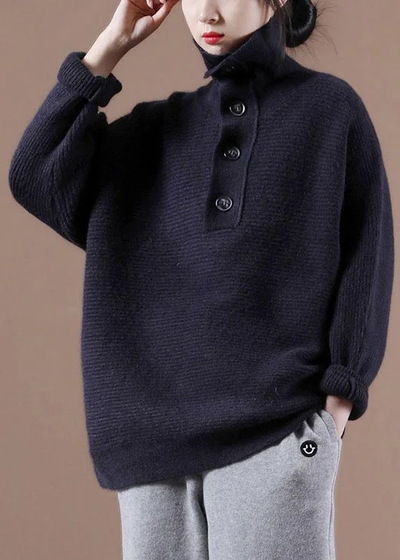 Price Smash Loose Navy High Neck Button Fall Knit Sweater