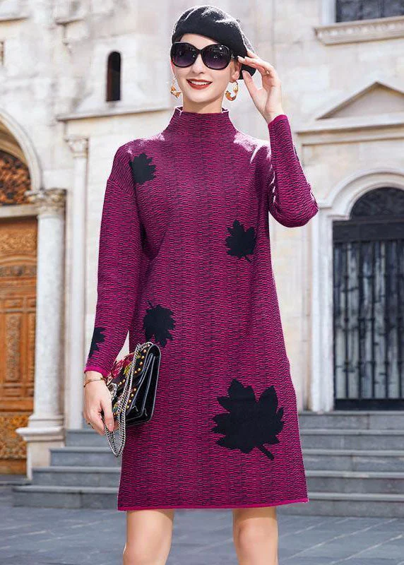 Bargain Prices Modern Purple High Neck Maple Leaves Jacquard Knit Long Sweater Winter
