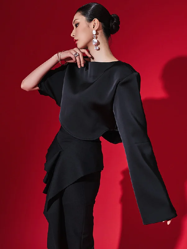 Super Bargain B9149 Boat Neckline Asymmetric Sleeve Crop Blouse