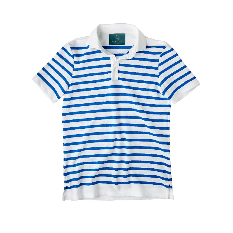 Shop and Save French Stripe Short Sleeve Polo Shirt Blue and White