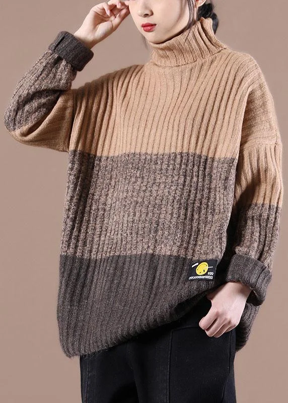 Savings Bonanza Natural Khaki Colorblock High neck Fall Knit Sweater