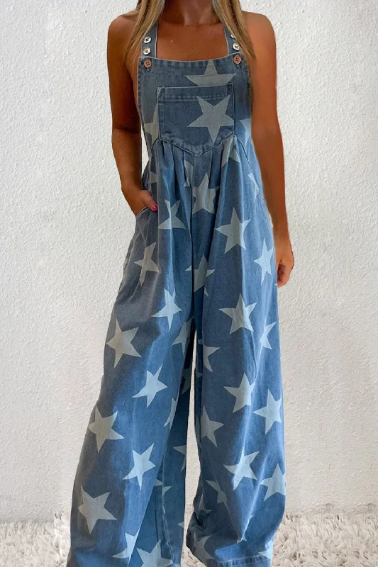Super Deal Star Square Neck Wide Leg Denim Overalls