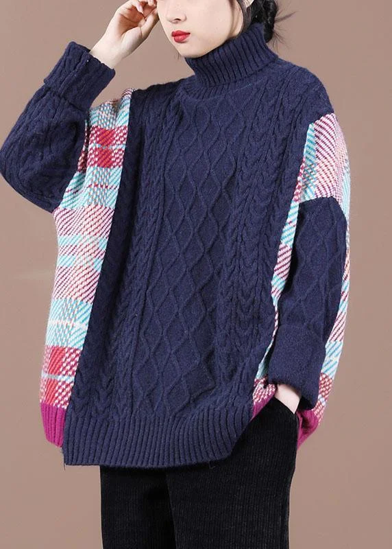 Weekend Special Fine Navy Patchwork High neck Fall Knit Sweater