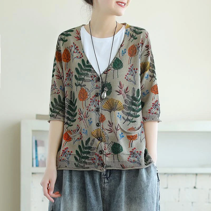 Deal Mania Leaf Print Sweater Half Sleeve 100% Cotton Knit Shirt