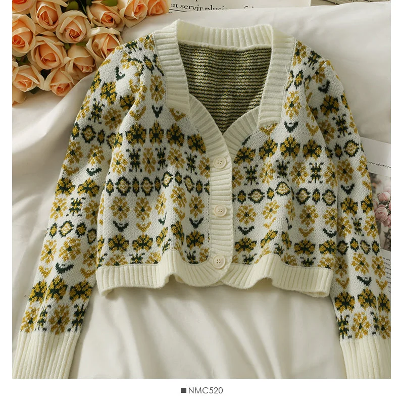 Low Cost Sweater women's Vintage printed low neck single breasted cardigan top  1836