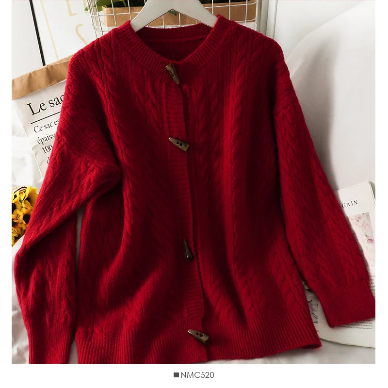 Year-End Sale Sweater women's solid color ox horn button round neck sweater  1825