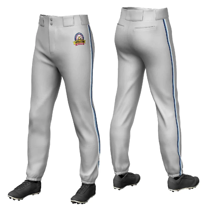 Custom Gray White Light Blue-Navy Classic Fit Stretch Practice Pull-up Baseball Pants