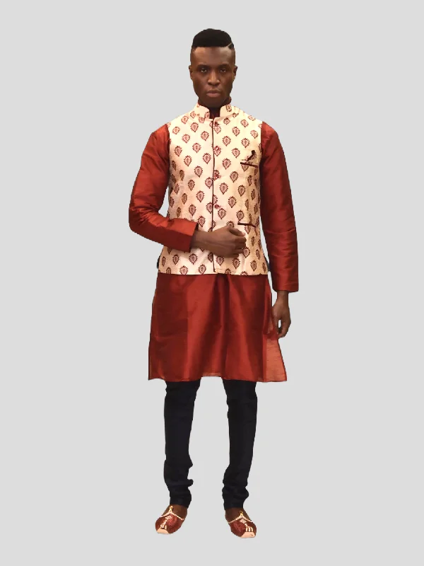 Silk Eggnog White With Maroon Red Leaves Printed Modi Vest