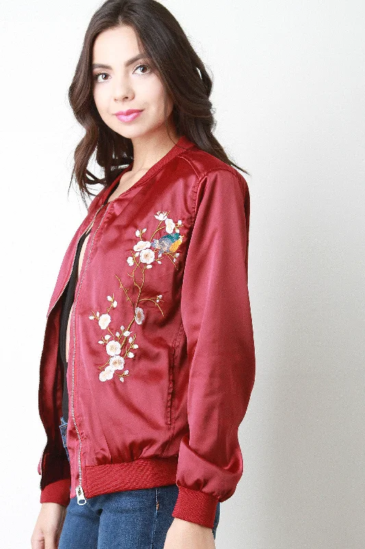 Deal of the Day Floral Embroidered Charmeuse Bomber Jacket