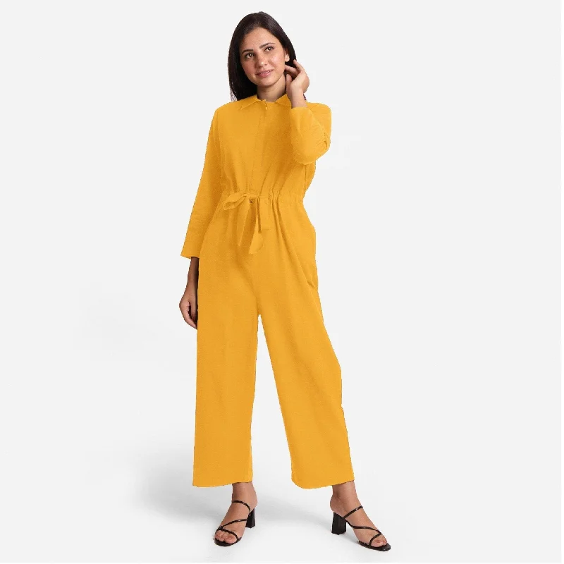 Shop the Weekend Away Yellow Flat Collar Cotton Flax Elasticated Wide Legged Overall