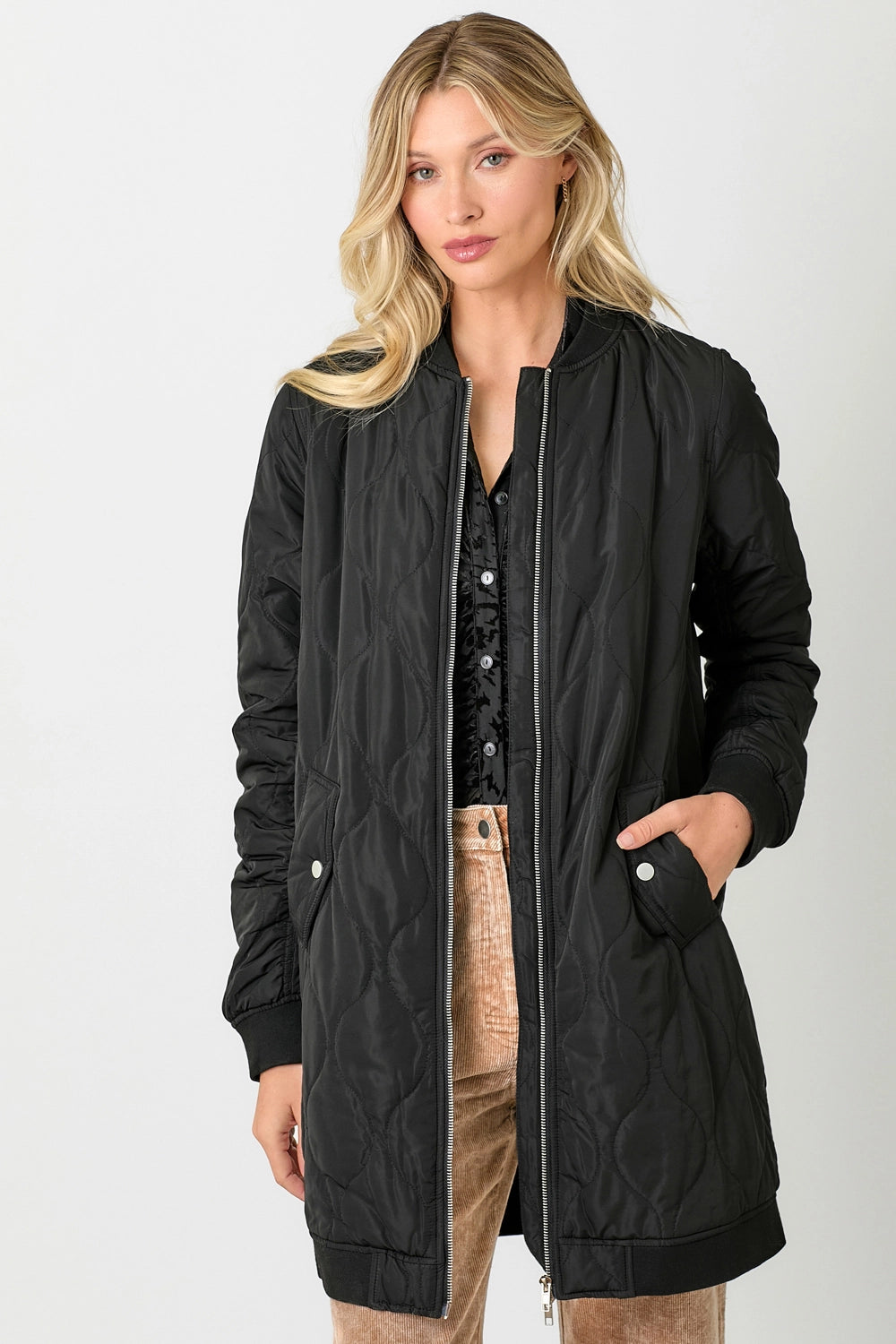 Year-End Deals Quilted Long Bomber Jacket