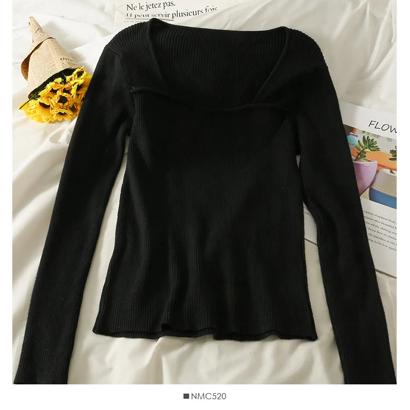 Weekend Deals That Spark Solid color versatile low collar collarbone exposed long sleeve bottomed top  1813