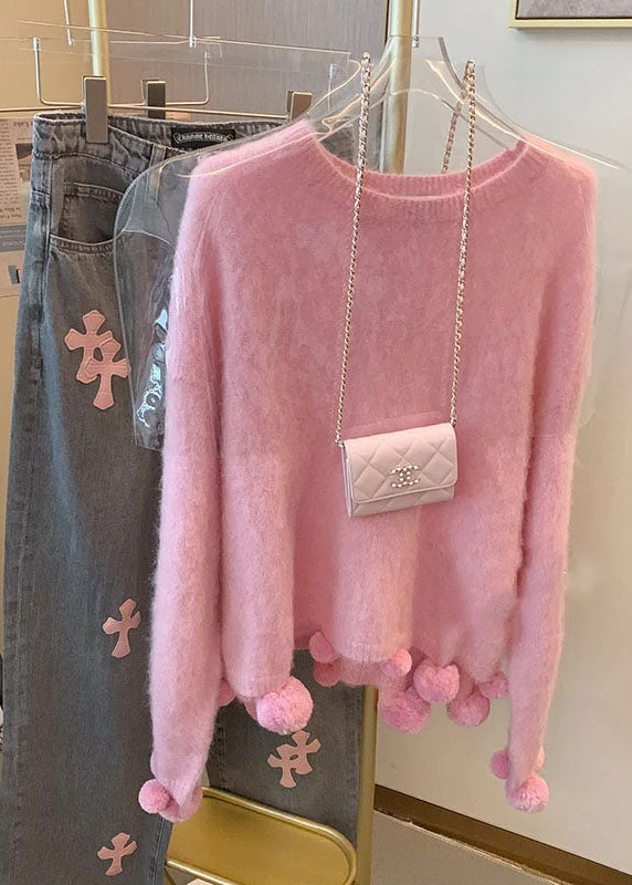 Reduced Price Cute Pink O-Neck Fuzzy Ball Decorated Warm Cotton Knit Sweaters Long Sleeve