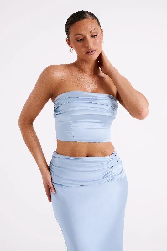 Limited Supply Khalani Ruched Strapless Satin Top - Ice Blue