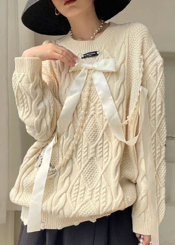 Weekend Bargains to Sizzle diy Apricot Bow Hole Knit sweaters Spring