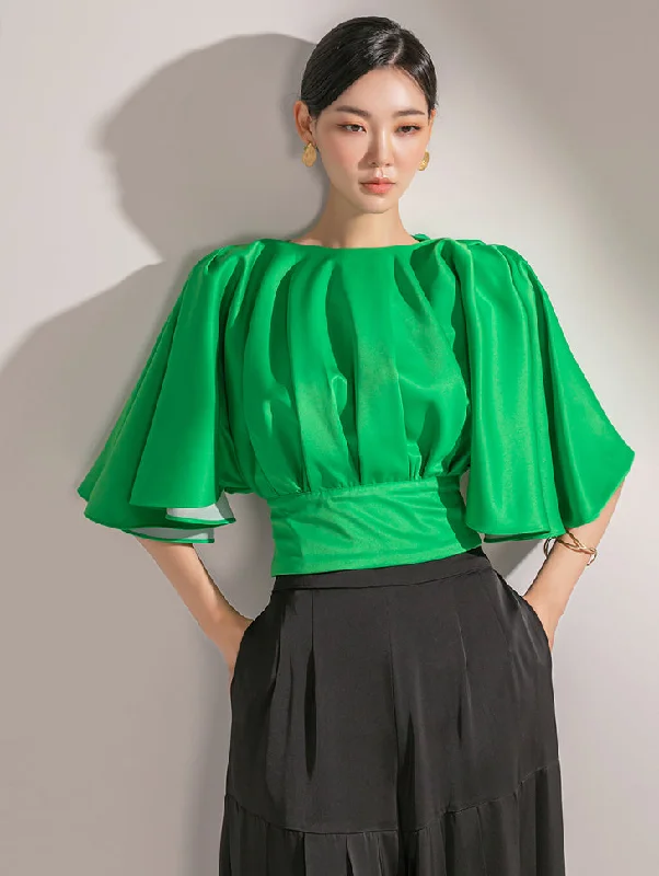 Half Price B9107 Satin Pin tuck Bell Line Blouse