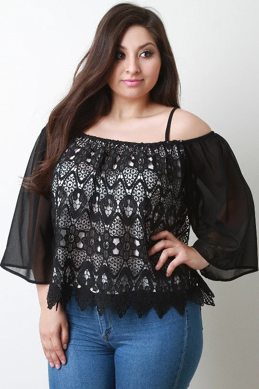 Price Slash Crochet Lace Off-The-Shoulder Scalloped Hem Blouse Top