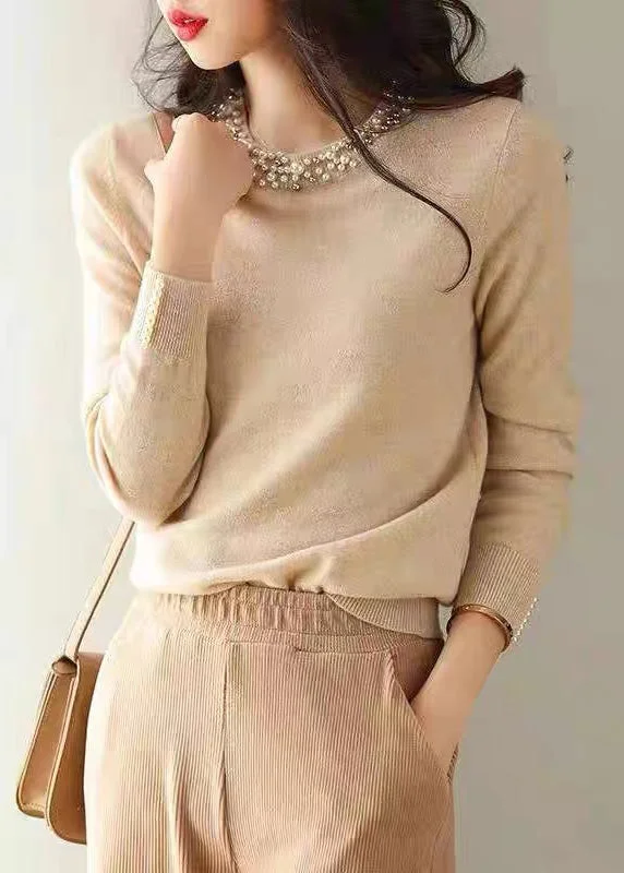 Take Advantage Italian Apricot O Neck Nail Bead Warm Knit Sweaters Fall