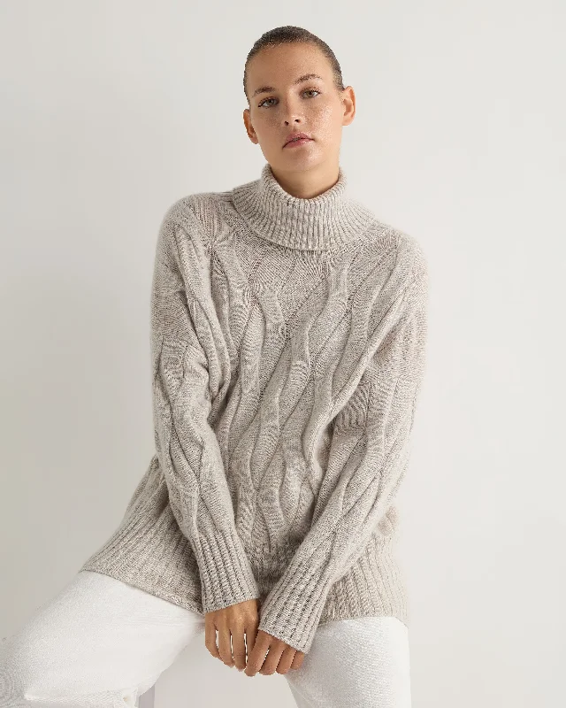 Special Savings Women's Emmie Relaxed Cable Turtle Neck Cashmere Sweater Nougat Brown Marl