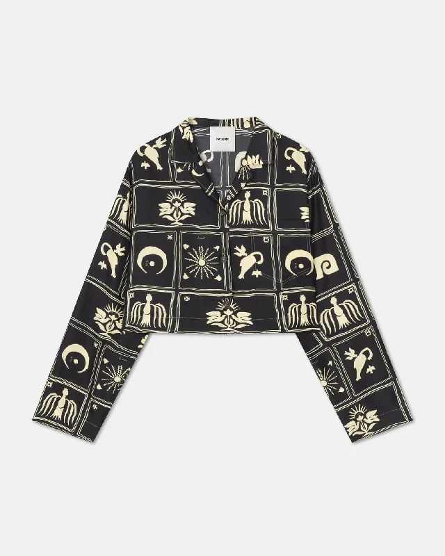 Low Price Vally - Cropped Printed Silk-Twill Shirt - Folk Art Black