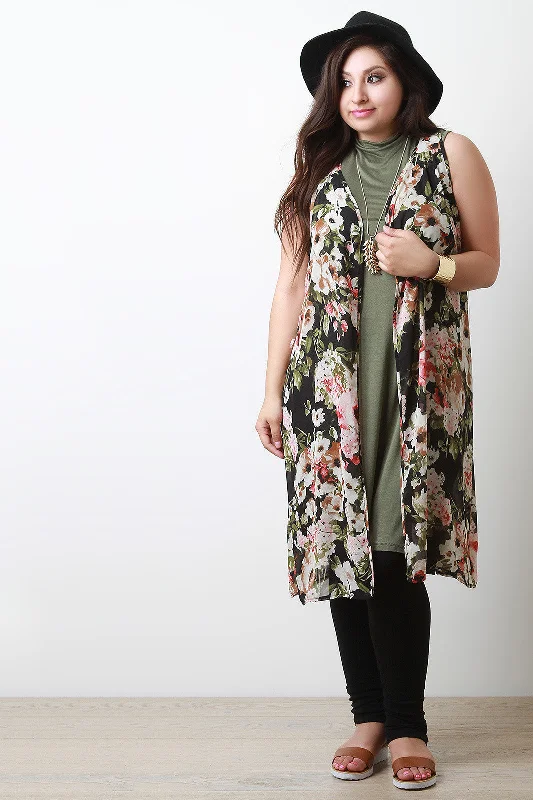Clearance Items Floral Open Front Chiffon Vest