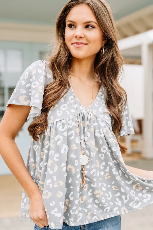 Weekend Specials to Cherish Talk About It Gray Leopard Babydoll Top