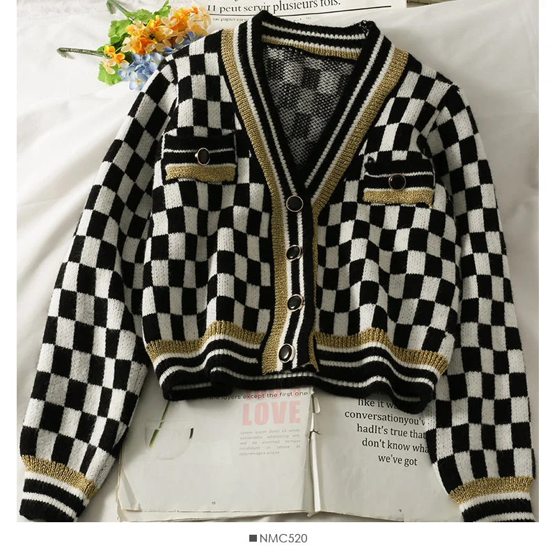Buy More, Save More Plaid three button low neck cardigan women's sweater  1845