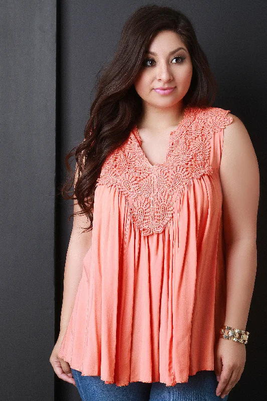 Steals and Deals Crochet Lace Sleeveless Gathered Top