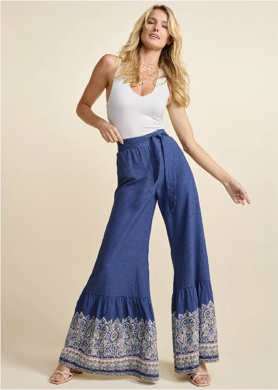 Year-End Deals Linen Border Print Pants - Navy Multi