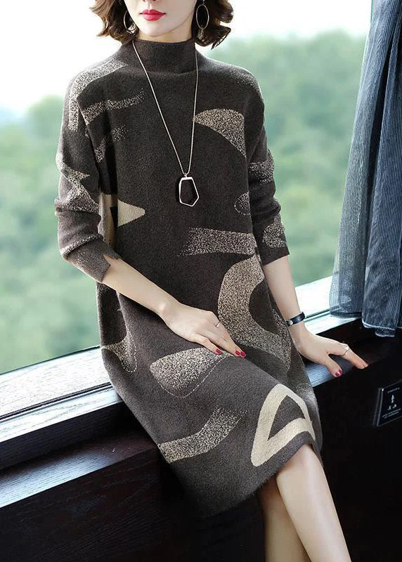 Value Deals French Khaki Stand Collar Oversized Print Cashmere Sweater Dress Long Sleeve