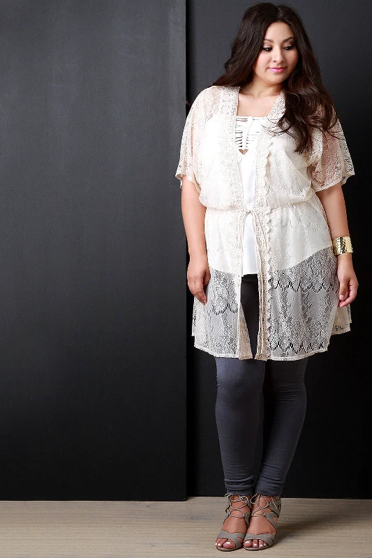 Exclusive Savings Crochet Lace Self-Tie Cover Up Kimono