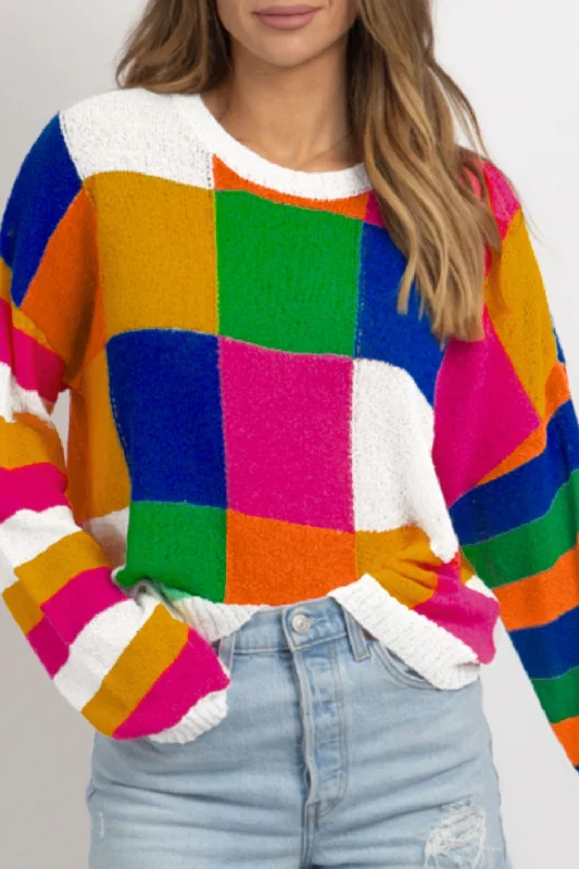 Weekend Offers That Delight Color Block Round Neck Long Sleeve Sweater