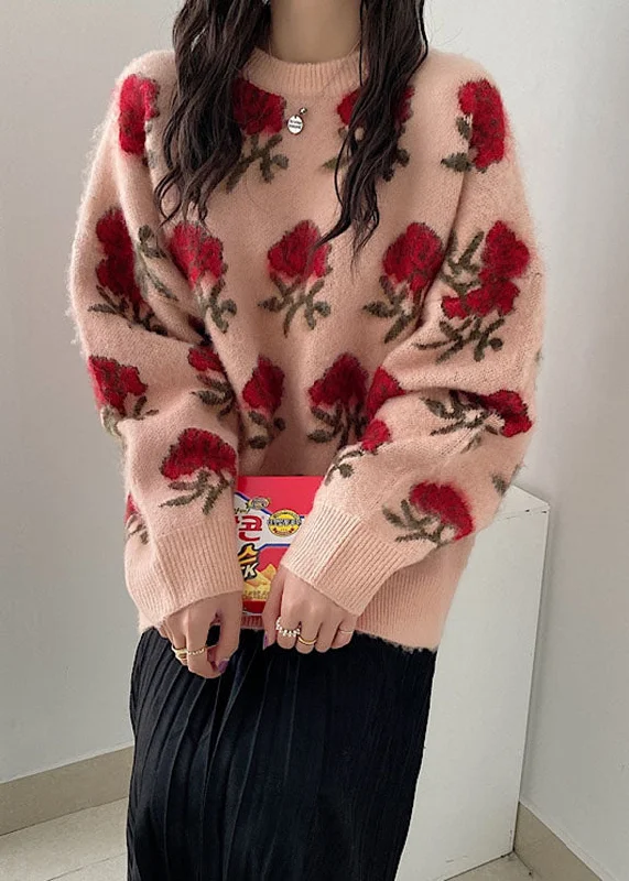 Savings Galore Cute Pink Floral Thick Ma Hai Mao Knit Sweaters Fall